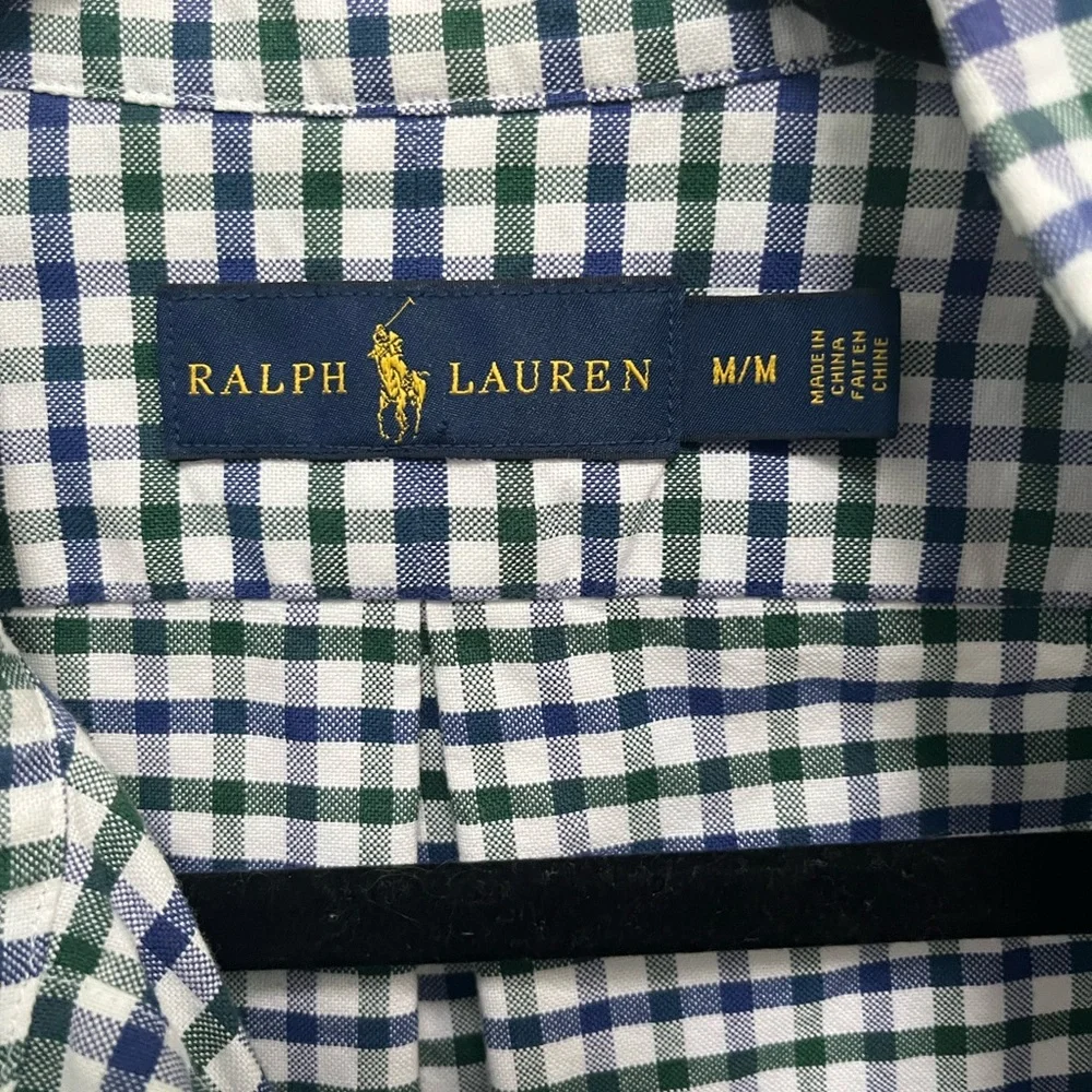 Ralph Lauren Button Down Shirt Green Blue Flesh Pony Men's MEDIUM Gingham Check